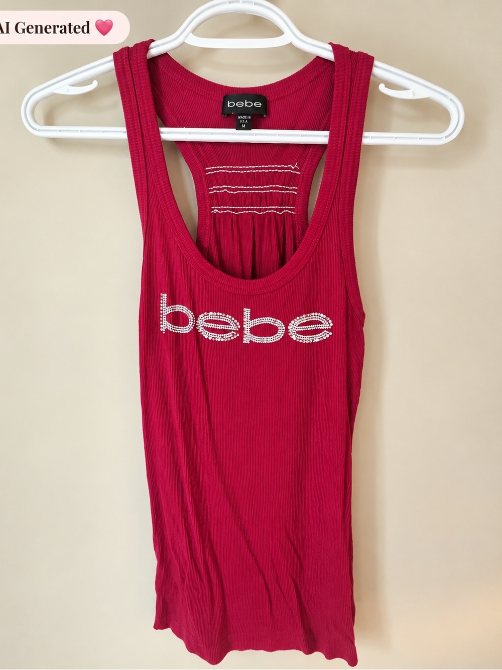bebe Red/Pink Rhinestone Logo Ribbed Tank Top | Y2K | Size M